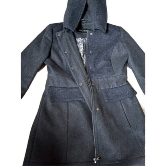 Guess Medium Charcoal Grey Colorblock Hooded Wool Blend Coat Stand Collar - Picture 4 of 8